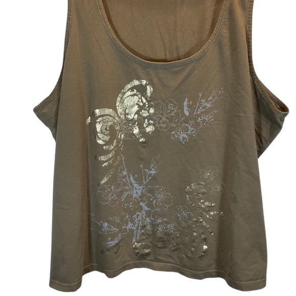 Olive Tank Top w/ Gold/Grey Embellished Floral Graphic - Picture 2 of 3